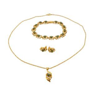 Vintage Gold Plated Faux Jade and Diamond Necklace, Bracelet, Earrings Set